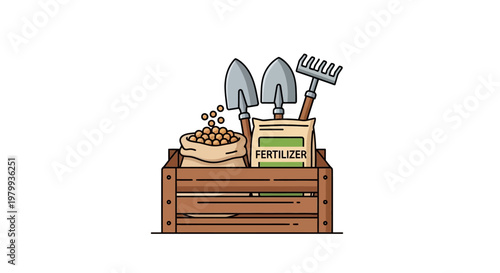Gardening tools on a crate box.