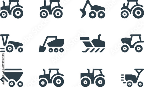 Collection of various farming and heavy construction machinery icons for agricultural industry and equipment maintenance projects