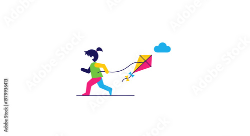 Girl Running with Colorful Kite Outdoors.