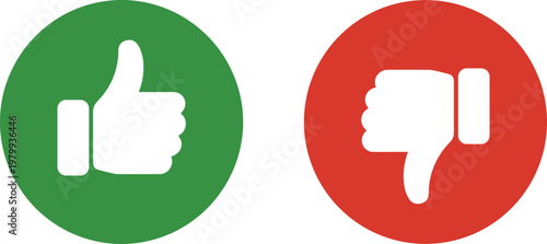 Green Thumbs Up and Red Thumbs Down Icons on White Background like dislike