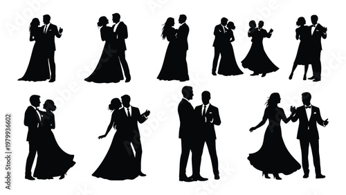 A collection of silhouetted couples in formalwear predominantly wedding attire embracing and dancing together high quality professional detailed modern elegant stylish
