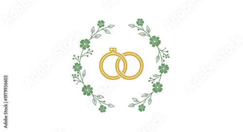 Golden Wedding Rings with Floral Wreath.