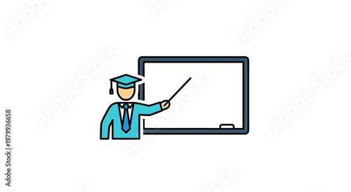Graduate pointing at whiteboard in classroom.