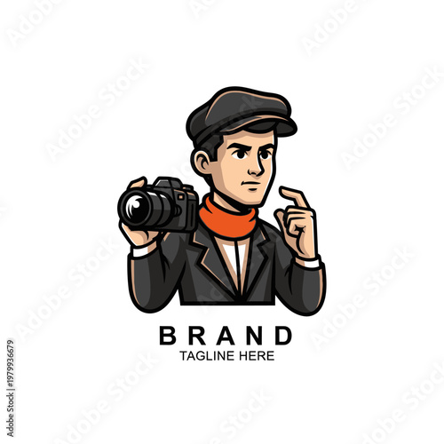 Professional male photographer in a stylish outfit holding a camera.