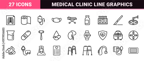 Medical and healthcare line icon set for pharmacy and clinic projects.