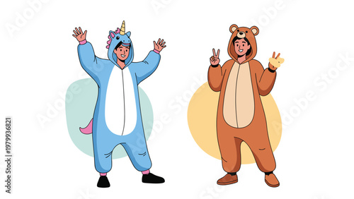 Two happy young people wearing colorful unicorn and teddy bear animal onesie pajamas for a costume party or comfortable loungewear.