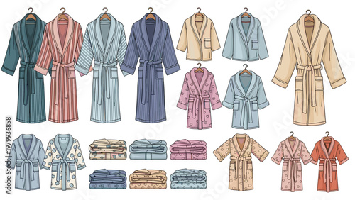 Large collection of different bathrobes in various styles colors and patterns including both hanging and folded options.