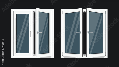 Realistic modern white double-paned windows shown in partially open and tilted positions on a dark gray background for architecture.