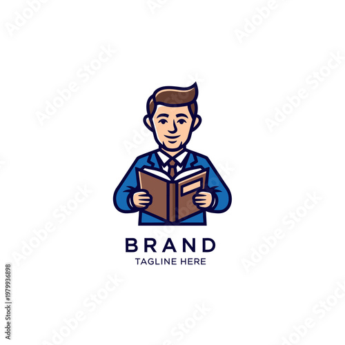 Professional man in blue suit reading a book with a smile.