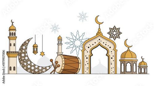 Beautiful islamic cultural elements including a mosque silhouette crescent moon ramadan lanterns and a traditional leather drum.