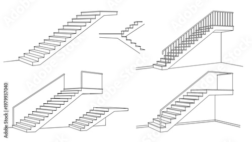 Collection of architectural line drawings showing different staircase styles and perspectives in black and white.