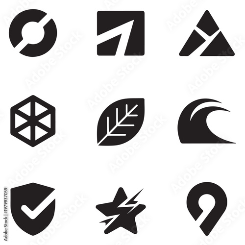 Collection of nine black and white geometric and abstract icons