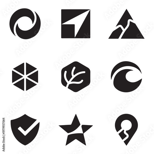 Collection of black and white geometric and abstract icons