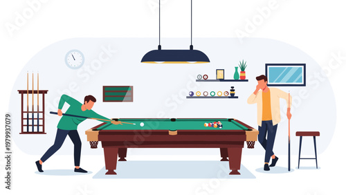 Two young men playing a competitive game of pool in a modern billiards room equipped with cue sticks and hanging lamps.