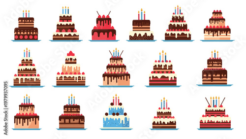 Large variety of delicious multi-tiered birthday cakes with candles, chocolate, and strawberry decorations for celebratory events.