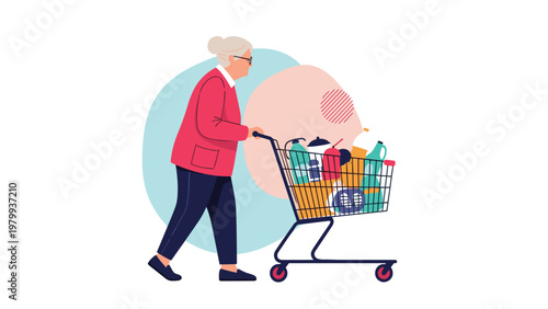 Senior citizen woman walking with a full grocery cart containing various food items against a colorful abstract background.