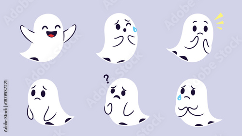 Large set of six cute cartoon ghost characters with various funny expressions and emotions for Halloween design and party decor.