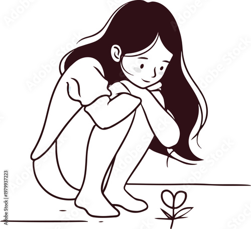 Continuous line art of a little girl with soft flowing hair, crouched low as she smells a delicate blossom growing from the ground. The drawing is made with a single uninterrupted black line.