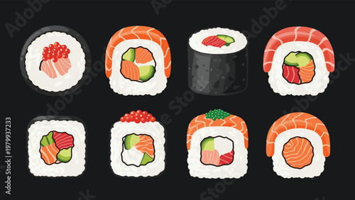 Gourmet assortment of fresh sushi rolls including salmon nigiri and maki rolls beautifully arranged on a dark background surface.
