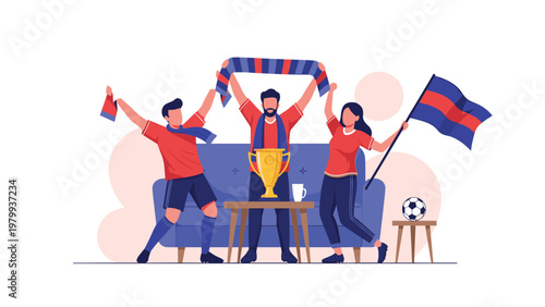 Group of enthusiastic sports fans celebrating a victory with a trophy flag and team scarves in a living room.