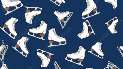 Seamless pattern design featuring multiple white figure ice skates with brown blades scattered over a solid dark blue background.