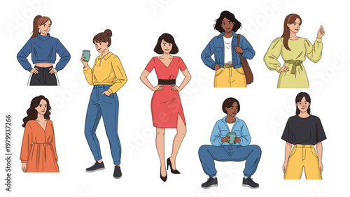 Group of fashionably dressed women standing in various confident poses wearing trendy modern outfits for a lifestyle concept.