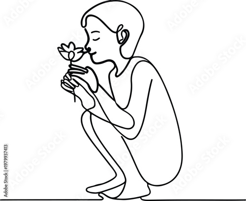 A modern abstract one-line drawing showing a young girl in a squatting pose, gently holding a flower and smelling it with a peaceful expression. The artwork is rendered in thin black lines. 
