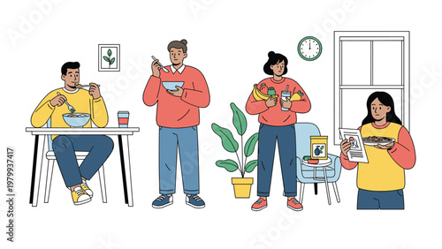 Group of diverse people enjoying healthy meals and snacks in different settings including at a table and on the go for wellness.