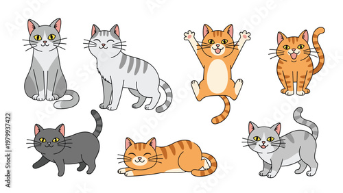 Collection of seven adorable cartoon cats in various playful poses colors and markings on a white background.