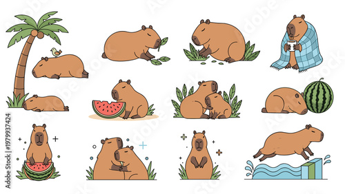 Cute capybara character depicted in several funny and adorable situations like eating watermelon sleeping and swimming in water.