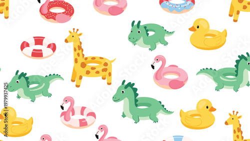 Fun seamless pattern of various inflatable pool floats including flamingos, giraffes, ducks, and donuts on a clean white background.