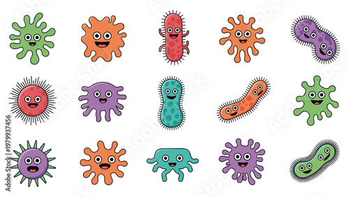 Set of colorful cartoon microorganisms featuring friendly looking virus and bacteria characters with faces.