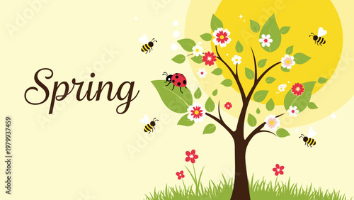 Beautiful spring landscape with a flowering tree, buzzing honeybees, and red ladybugs under the bright yellow sun for seasonal design.