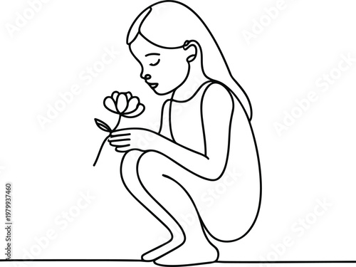A modern abstract one-line drawing showing a young girl in a squatting pose, gently holding a flower and smelling it with a peaceful expression. The artwork is rendered in thin black lines.