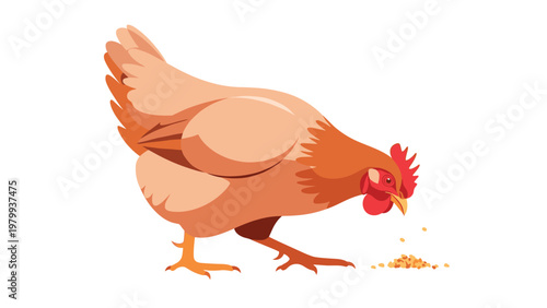 Brown hen pecking at seeds and grain on a white background representing traditional farm life and organic agriculture practices.