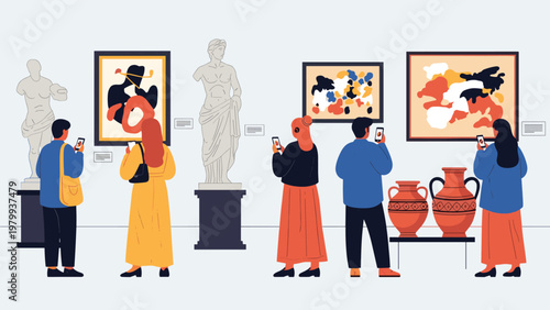 Diverse visitors exploring an art gallery and taking photos of paintings and statues with their smartphones in a modern museum exhibition setting.