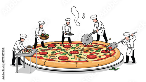 Whimsical illustration of small chefs working together to prepare and cut a massive giant pizza with many delicious toppings in a creative concept.