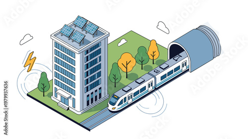 Isometric scene of a modern electric train emerging from a tunnel near a building with solar panels and trees.