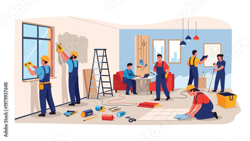 Team of professional construction workers collaborating on various home improvement tasks during a room renovation project in an indoor setting.