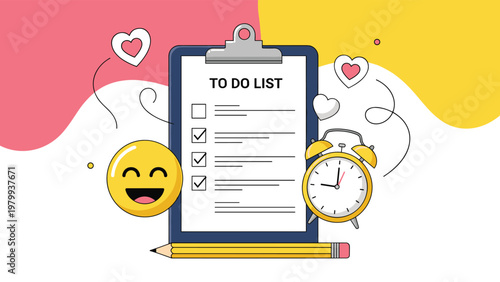 To do list on a blue clipboard surrounded by a happy yellow smiley face emoji alarm clock pencil and heart icons.