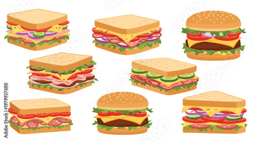 Mouth watering collection of various sandwiches and burgers with fresh ingredients like lettuce tomato and cheese.