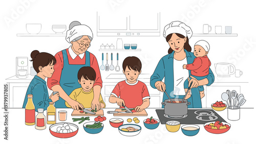 Multi generational family including grandmother mother and children cooking and preparing food together in a kitchen.