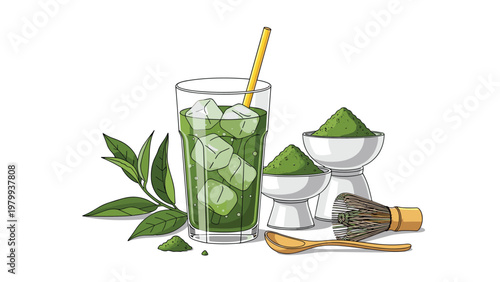 Elegant matcha tea preparation scene featuring a glass of iced green tea with a bamboo whisk, powder bowls, and tea leaves on white background.