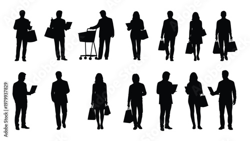 A collection of black silhouette figures depicting people carrying shopping bags and baskets representing retail and consumerism high quality professional detailed