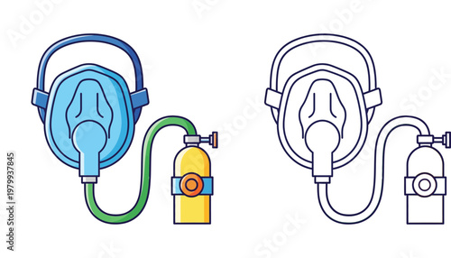 Oxygen Mask with Cylinder Tank Vector Illustration Set, Medical Breathing Apparatus Icon for Healthcare and Rescue, Color and Line Art Style for Emergency and Safety Design