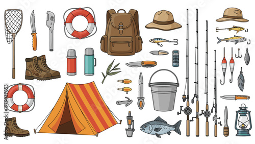 Collection of camping and fishing gear including a tent, backpack, fishing rods, boots, lantern, and various tools for outdoor enthusiasts.