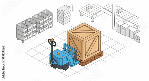 Isometric Electric Pallet Jack Lifting Wooden Crate in Modern Warehouse for Logistics and Supply Chain Management