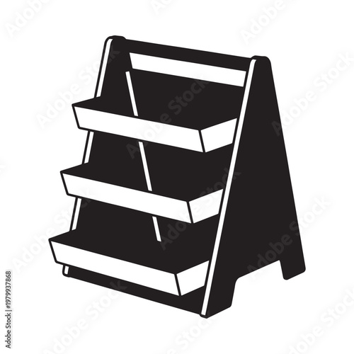 Black and white illustration of a tiered display shelf unit