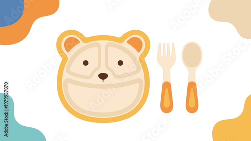 Adorable bear shaped children feeding plate set with a matching fork and spoon in soft orange and cream colors on a playful abstract background.