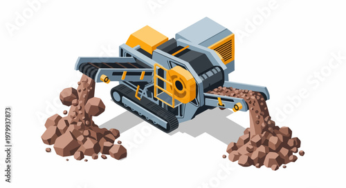Isometric Mobile Stone Crusher Machine for Mining and Construction Industry. Industrial Rock Crushing Equipment with Conveyor Belts and Tracks Isolated on White Background.